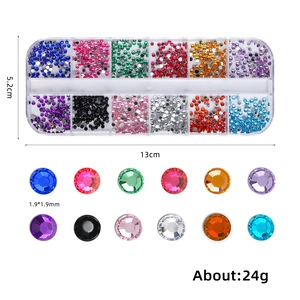 12 colors of round multifaceted nail art rhinestones set with a clear organizer box