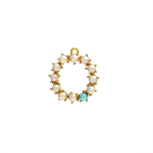Detail of round pearl wreath pendant with golden base and a sky blue accent bead