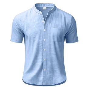 Detailed view of light blue linen shirt texture with mandarin collar and pocket