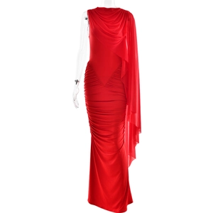 Elegant red one-shoulder sleeveless evening gown with mesh draping and ruched details