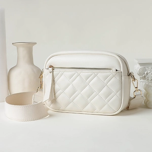 Quilted Crossbody Bag For Women PU Leather Rhombus Small Square Camera Bag With Wide Strap Gold Hardware