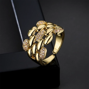 Geometric Woven Cuban Link Open Ring Copper Plated 18K Gold Micro Pave Zircon Adjustable Fashion Jewelry Women