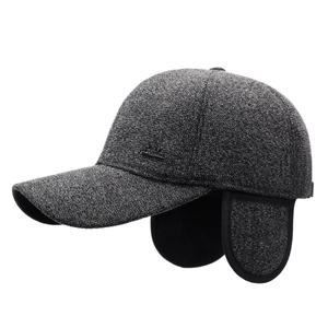 Winter baseball cap for middle-aged men with ear flaps in grey tweed blend fabric
