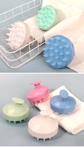 Detail view of four colorful scalp massagers in pink, blue, green, and beige colors