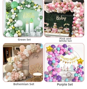 Detail view of party balloon arch sets in green, pink, and bohemian theme colors