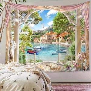 Detail showing a Mediterranean landscape tapestry hung in a cozy bedroom with sea view