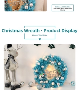 Detail of blue Christmas wreath with LED lights and silver ornaments on a white wall