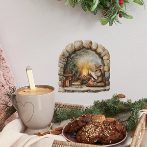 Detailed 3D mouse hole wall sticker showing a cute mouse reading by a cozy fireplace