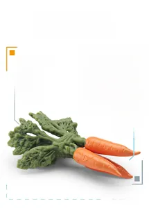 Detailed macro shot of a realistic miniature orange resin carrot toy with green leaves