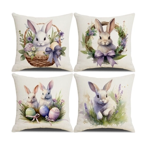 Easter Bunny Pillow Covers Watercolor Rabbit Flower Linen Blend Decorative Cushion Case For Sofa Home Living Room Decor