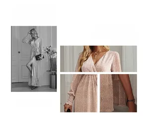 Detailed close-up of champagne gold sequin long dress with deep V-neck and waist tie design