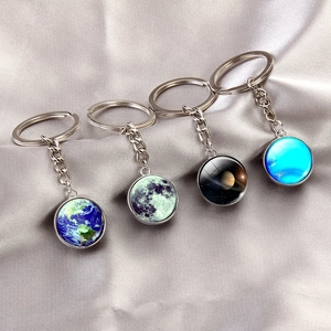 Solar system planet keychains featuring Earth and Moon designs on silver satin background