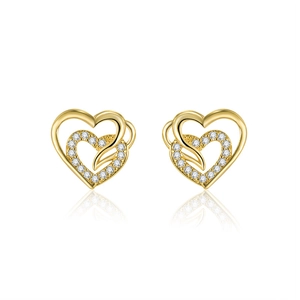 Exquisite golden double heart earrings with shimmering zircon pavé stones