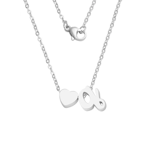 Polished silver heart and lowercase letter 'a' pendants on a delicate O-link chain necklace