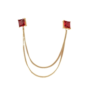 Golden stainless steel collar pin with dual red stones and dangling double chains