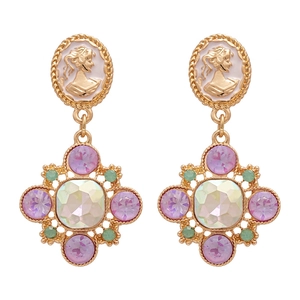Vintage gold cameo earrings with colorful crystals and floral geometric drop design