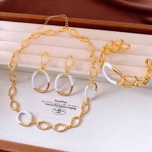 French Retro Geometric Hollow Oval Alloy White Enamel Necklace Bracelet And Earrings With Silver Earring Post Women