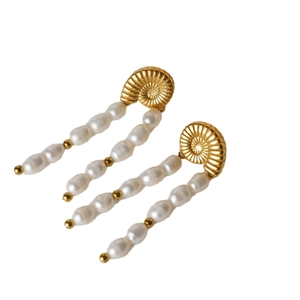 Golden shell hoop earrings with natural freshwater pearls on a clean white background