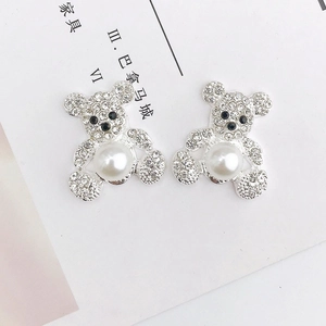 Pair of silver teddy bear stud earrings with crystal rhinestones and faux pearl accents