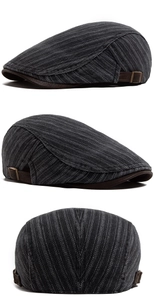 Detailed views of pinstripe ivy cap featuring brown PU leather brim and metal side buckles