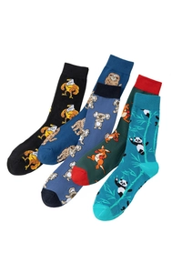 Detail of colorful cotton crew socks featuring eagle, sloth, koala and panda animal patterns