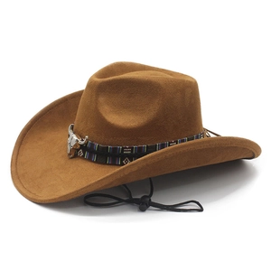 Detail of brown faux suede cowboy hat with bull skull metal ornament and ethnic band