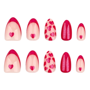 French red heart press-on nails in almond shape with glossy finish and glitter details