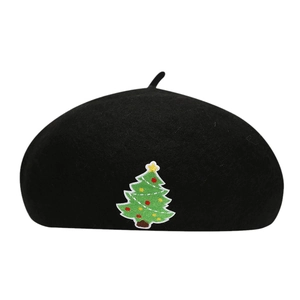 Classic black wool beret for women featuring a festive Christmas tree embroidery patch