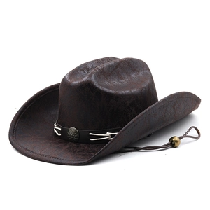 Classic dark brown suede western cowboy hat with decorative metal flower and chin strap