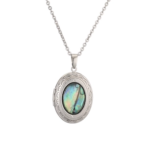 Silver oval locket necklace with natural abalone shell on a clean white background