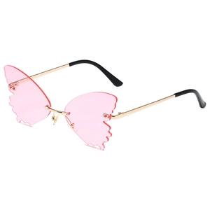 Fashion rimless butterfly shaped sunglasses with pink lenses and gold metal frame