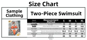 Detailed size chart for the printed bikini set including measurements for sizes S to XL