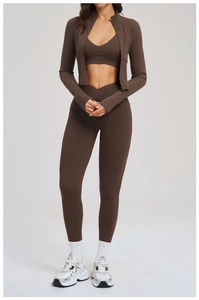 Deep brown 3-piece fitness set with zip jacket, V-neck sports bra and pocketed leggings
