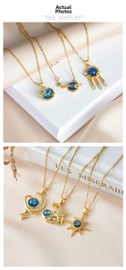 Detail view of celestial planet pendants featuring blue gems and moon star motifs