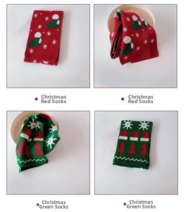 Close-up of red and green knitted Christmas scarves featuring snowflake and tree patterns