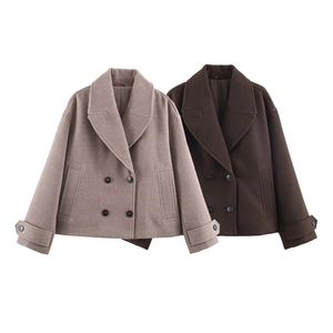 Women Double Breasted Short Woolen Coat Vintage French Style Lapel Collar Outerwear With Pockets Fashion Elegant