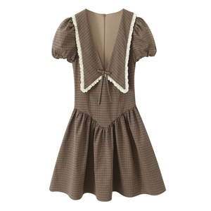 French Retro Plaid Mini Dress With Lace Peter Pan Collar Bow Tie Puff Sleeves Slim Fit Short Sleeve Polyester For Women