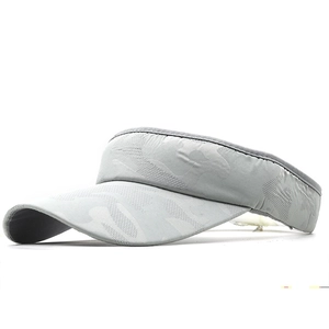 Detail view of light grey camouflage sun visor hat with textured quick-dry fabric