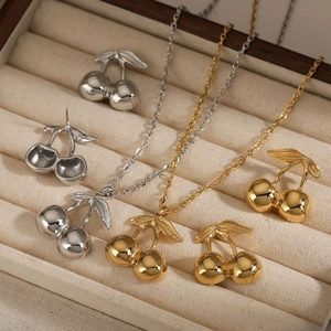 Polished stainless steel cherry necklace and earring jewelry set in gold and silver