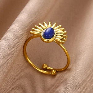 Bague vintage dorée avec turquoise design soleil et anneau ouvert ajustable pour femme