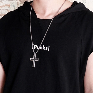 Punk style men's titanium steel cross necklace with black resin inlay on a silver chain