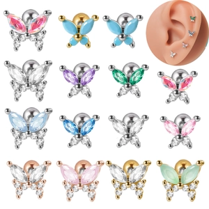 Butterfly Stud Earrings Stainless Steel Copper Cubic Zirconia Screw Back Piercing Jewelry Colorful For Women Girls