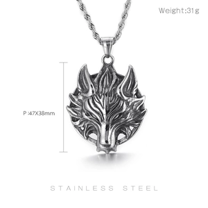 Detaillierte Maße des Edelstahl Wolfskopf Anhängers mit 47x38mm Größe und 31g Gewicht