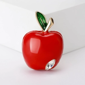 Red Apple Brooch Pin Alloy Enamel Fruit Rhinestone Crystal Elegant Lapel Pin Accessory For Women