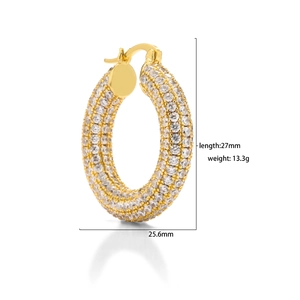 Luxurious gold hoop earrings with pave cubic zirconia, size 27x25.6mm, 13.3g weight