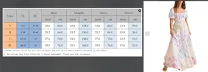 Tableau des tailles avec mesures US et EU pour robe longue fleurie à manches bouffantes