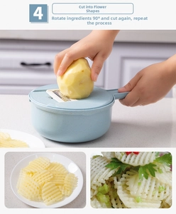 Kitchen slicer detail showing how to create lattice cuts by rotating vegetables 90 degrees