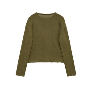 Olive green knitted long sleeve sweater for women featuring a minimalist back view design