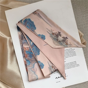 Pink silk ribbon scarf with blue oil painting landscape on golden satin backdrop