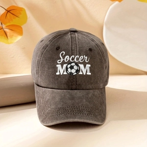 Macro detail of Soccer MOM 3D embroidery on dark grey washed cotton baseball cap